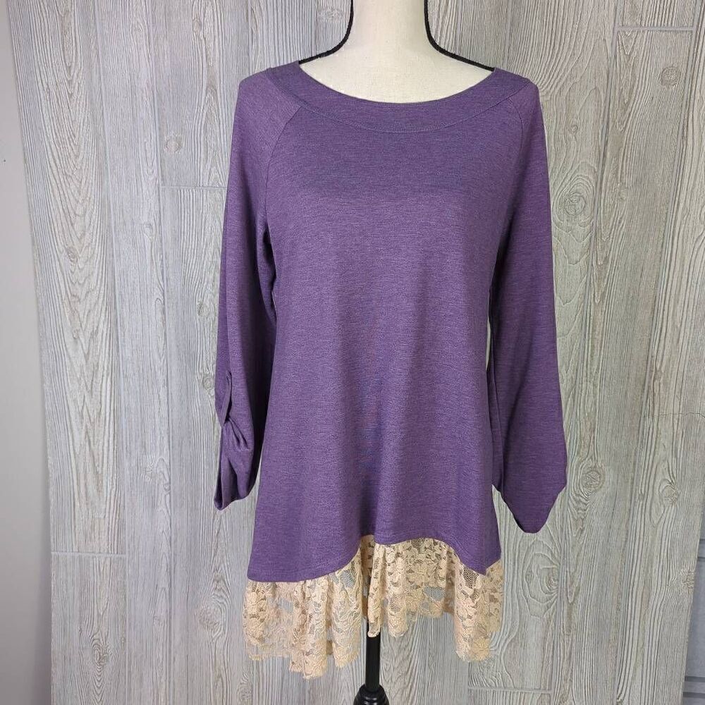 LOGO Lounge Lori Goldstein Purple Sheer Floral Hem Open Long Sleeve Dress M